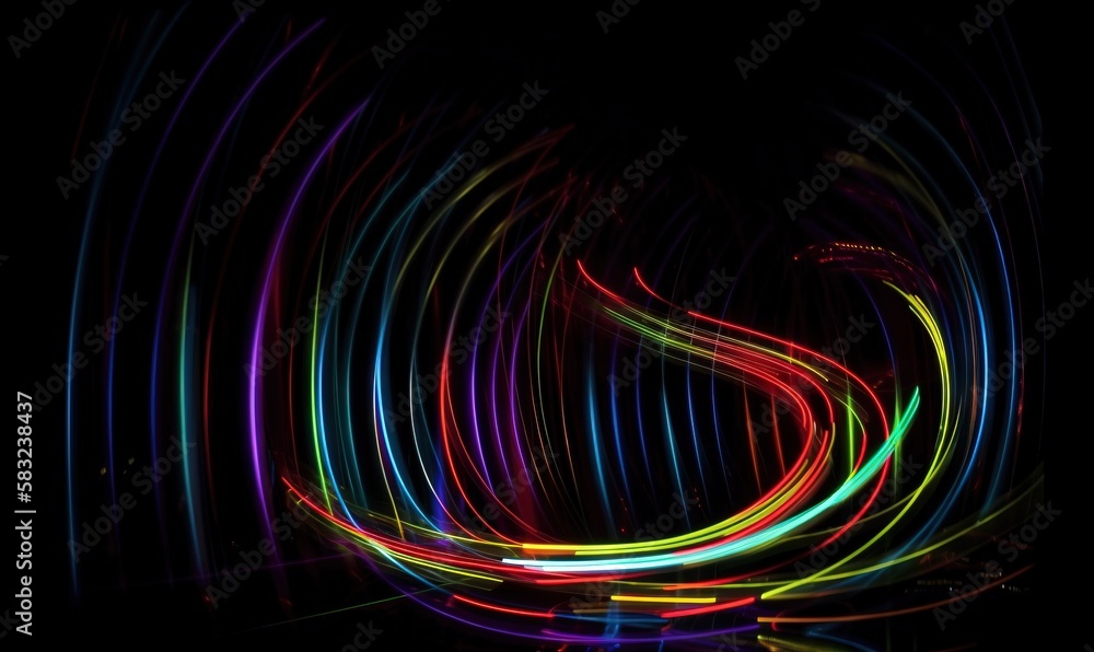 Poster a blurry photo of a colorful light stream in a dark room with a black background and a long exposure