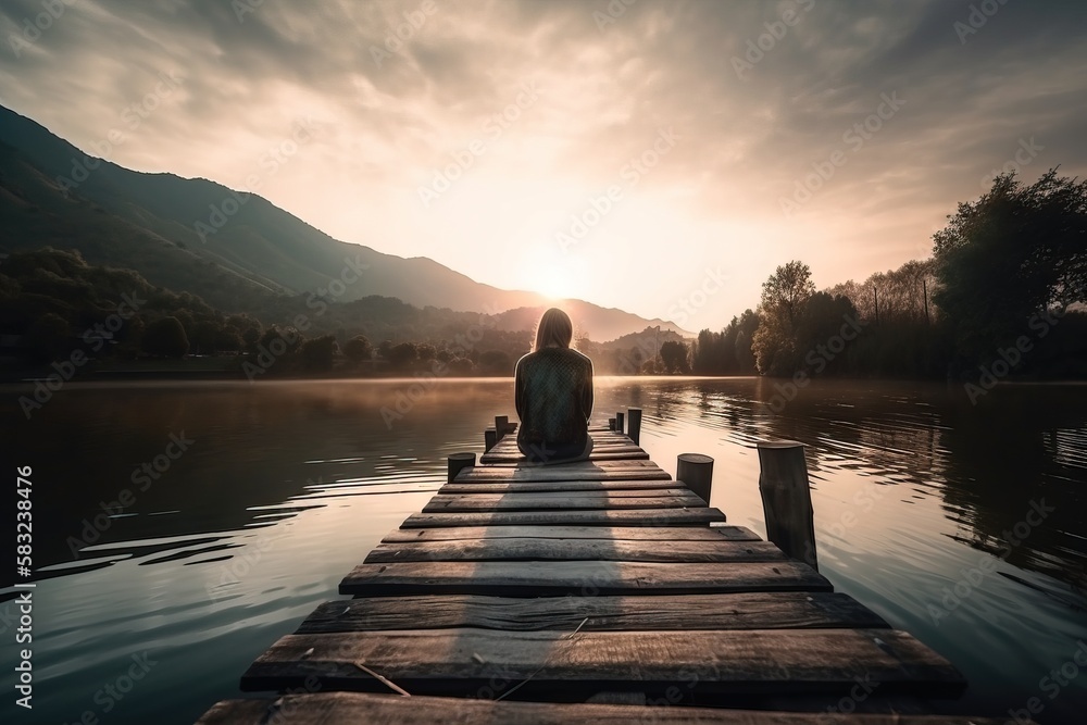 Poster a person sitting on a dock in the middle of a lake with mountains in the background and a sunset in 