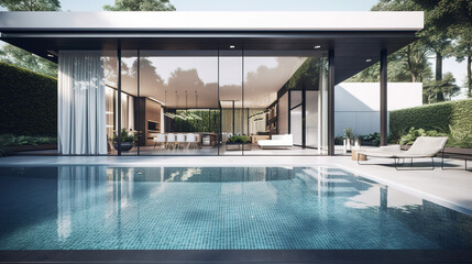 Modern Architectural House with Large Glass Surfaces and a Huge Pool - Generative AI