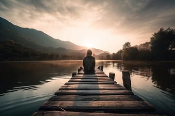  a person sitting on a dock in the middle of a lake with mountains in the background and a sunset in the sky over the water.  generative ai