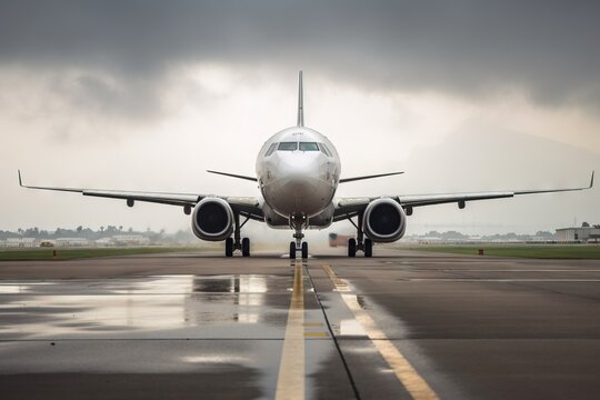  A Large Jetliner Sitting On Top Of An Airport Tarmac Under A Cloudy Sky With A Plane On The Runway And A Person Standing In The Foreground.  Generative Ai