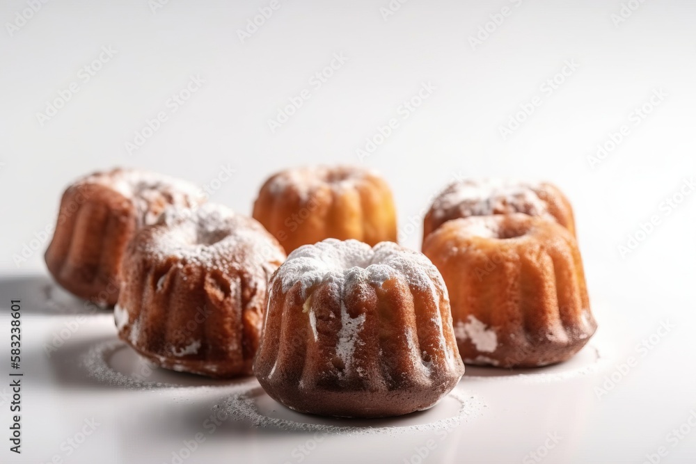 Poster a group of bundt cakes sitting on top of a white counter top next to each other on top of a counter 