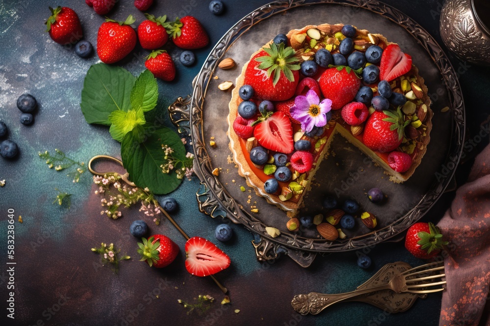 Poster a cake with a slice cut out of it with fruit on top of it and a fork next to the cake on a plate wit