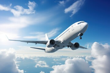  a large jetliner flying through a blue sky with white clouds below and a bright blue sky with white clouds behind it and a blue sky with white clouds and blue sky with white.  generative ai - obrazy, fototapety, plakaty