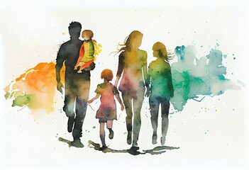 Fototapeta na wymiar Watercolor Illustration of a Family Dealing With Challenges Of Blended Families And StepParenting, Concept Of Collaborative Parenting And StepFamily Dynamics,. Generative AI