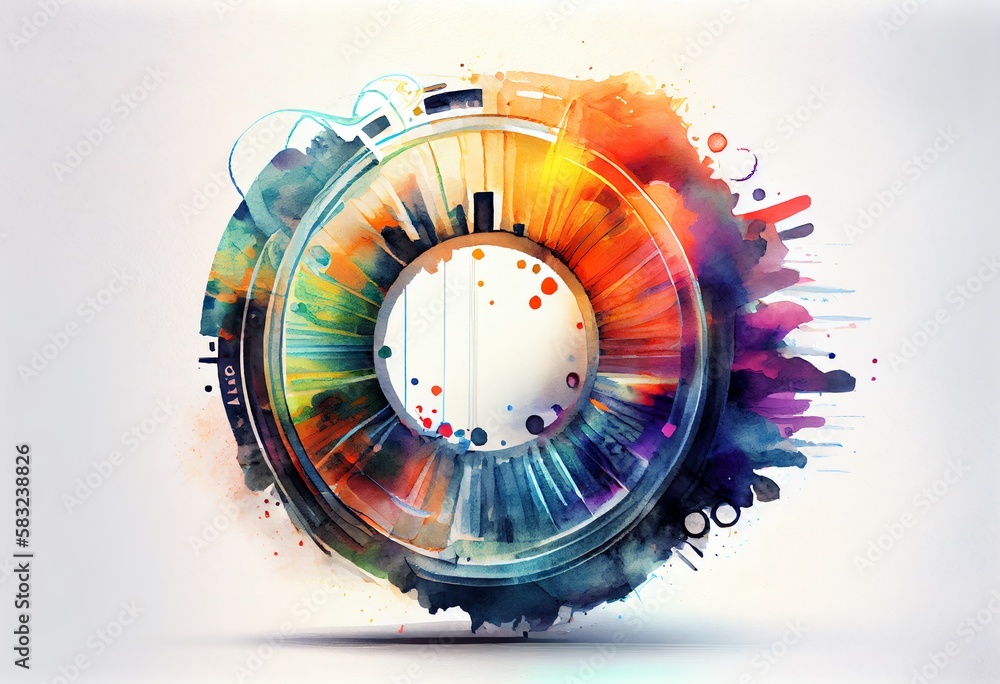 Poster watercolor illustration of a futuristic technology concept. circular hud element virtual reality of 