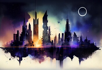 Fototapeta premium Watercolor Illustration of a Futuristic Night City Skyline. Generative AI