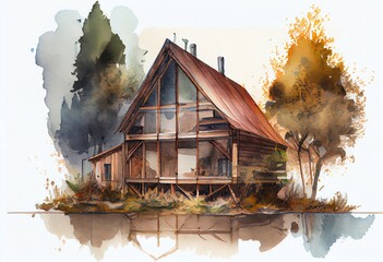 Watercolor Illustration of a GlÃ¤Sernes Haus Der Zukunft Aus Holz Und Glas Inmitten Der Natur. Generative AI