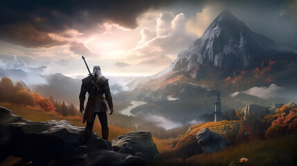 A medieval warrior standing in front of a magical fantasy landscape on a sunset, generative ai