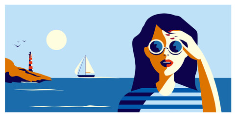 Vector illustration of a beautiful girl in sunglasses on the background of the sea in retro style.