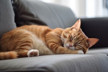 Zufriedene Katze schläft auf einem Sofa - Generative AI