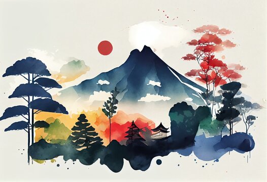 Watercolor Illustration of a Japan Minimalistic Flat Design Landscape Illustration. Image For A Wallpaper, Background, Postcard Or Poster. Generative AI