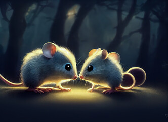 two mice in the night, 2 adorable mice in a jungle loving each other  