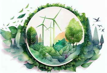 Watercolor Illustration of a Paper Cut , Ecology Green Nature , Renewable Energy By 2050 Carbon Neutral Energy Or Greenhouse Gas Emission Co2. Generative AI