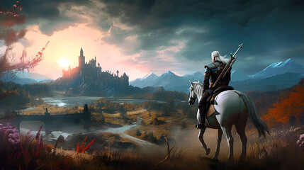 A warrior riding on a white horse through a magical fantasy landscape towards a castle, generative ai