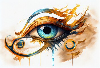 Watercolor Illustration of a The Golden Eye Of Horus. Generative AI - obrazy, fototapety, plakaty