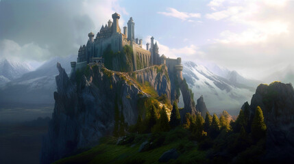 A huge castle on a mountain in a fantasy landscape, generative ai