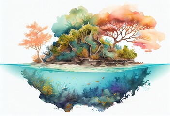 Watercolor Illustration of a Waterline Between Tropical Island And Coral Reef. Based On. Generative AI