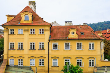 Facade of the house of classical European architecture of the old cozy tourist city. Background