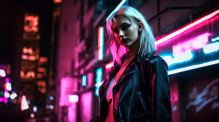 Fototapeta na wymiar A beautiful girl in a jacket standing in a bright neon light city street at night, generative ai