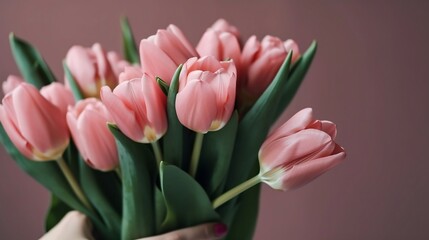 Fototapeta premium Bouquet of pink tulips in woman's hands. Generative AI,