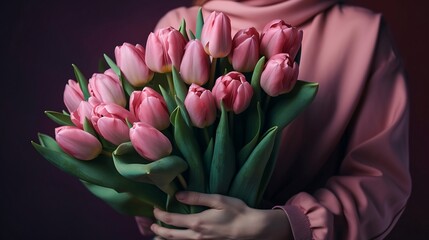 Bouquet of pink tulips in woman's hands. Generative AI,