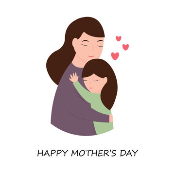 Mother's Day greeting card with image of woman hugging her little daughter. Vector illustration in cartoon style.