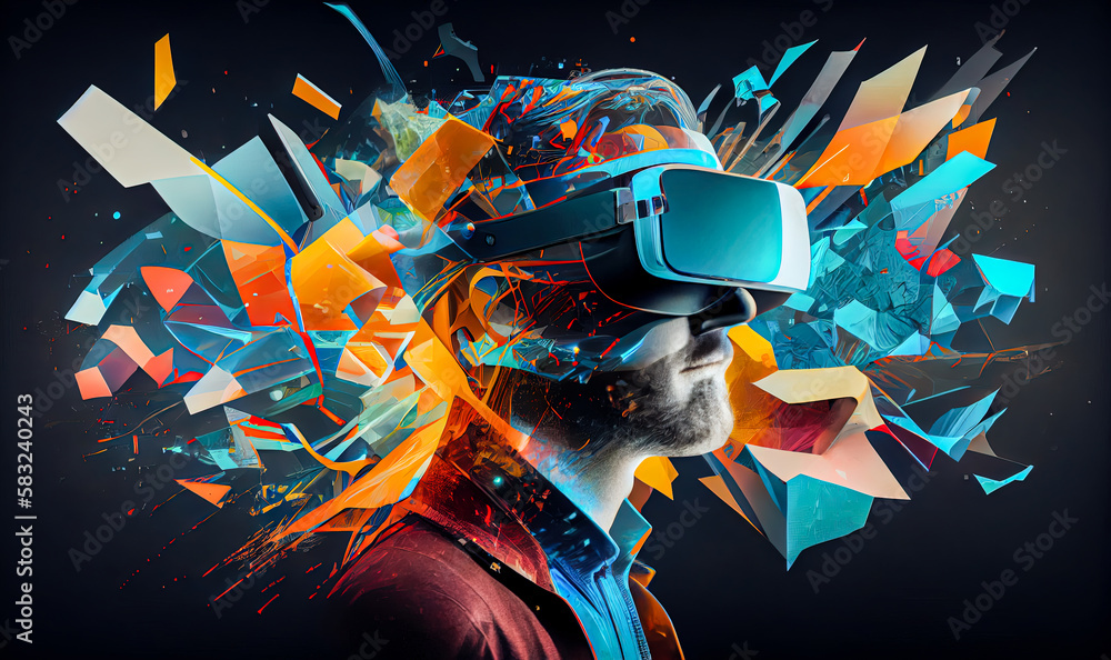 Poster abstraction man in virtual reality glasses. generative ai, generative, ai