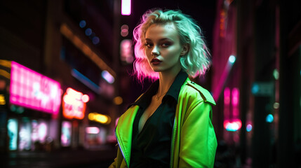 A beautiful woman in a yellow jacket standing in a bright neon city street at night, generative ai