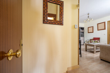 Hall of a house with reinforced door, a small mirror on the wall and direct access to a furnished living room