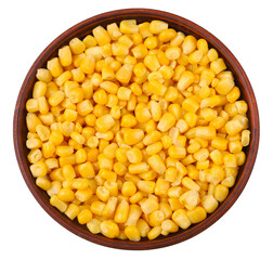 Corn in a brown plate, top view, transparent background