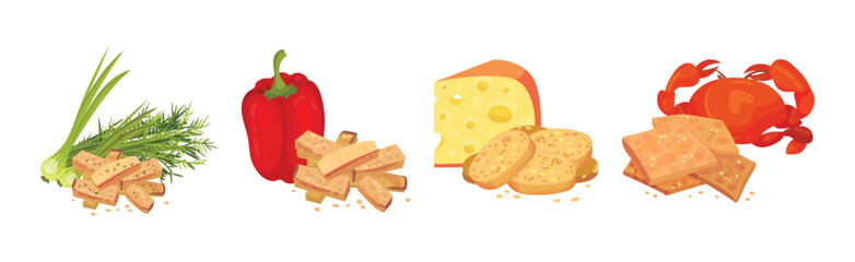 Flavored Crouton as Pieces of Seasoned Rebaked Bread Vector Set