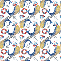 Fototapeta premium Watercolor composition of marine theme on a white background. Handmade. Can be used on patterns, prints, postcards, napkins, t-shirts.
