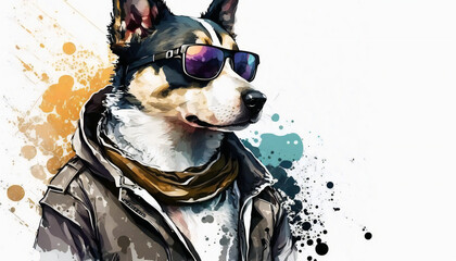 Dog with sunglasses and jacket, isolated on white background - watercolor style illustration background by Generative Ai