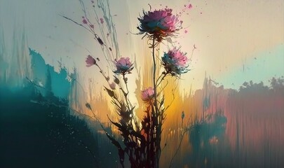  a painting of flowers in a vase with a sunset in the backgrouund of the painting behind it, with a blue sky and yellow and pink background.  generative ai