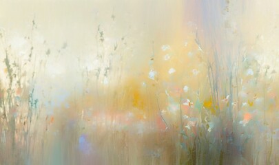  a painting of flowers and grass with a sky in the background of the painting is a blurry image of the grass and flowers.  generative ai
