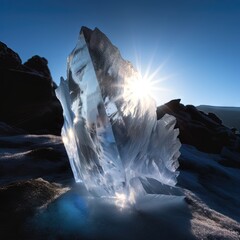Un Iernunnos fig&eacute; dans un bloc de glace avec des &eacute;clats de cristal.