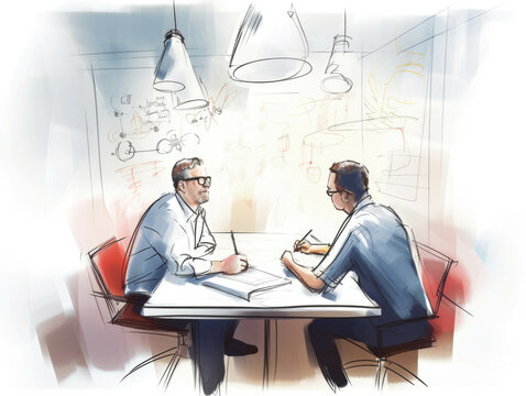 Two businessmen sit opposite each other at a table writing on a whiteboard with a sense of creativity and collaboration.. AI generation.