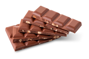 Stack of chocolate bar pieces with hazelnut pieces, isolated