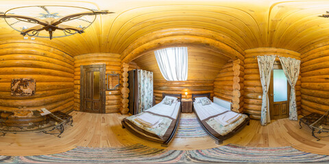 Full 360 hdri panorama view in bedroom room in luxury elite vip expensive hotel or apartment in equirectangular seamless spherical projection, skybox VR AR content. Generative Ai