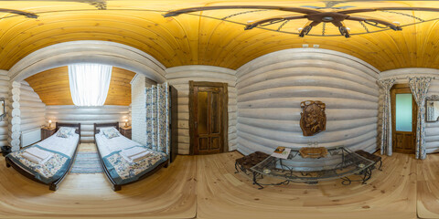 Obraz na płótnie Canvas Full 360 hdri panorama view in bedroom room in luxury elite vip expensive hotel or apartment in equirectangular seamless spherical projection, skybox VR AR content. Generative Ai