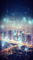 Obraz premium Un visuel imaginatif de la ville numérique intelligente avec un graphique abstrait de la mondialisation montrant le réseau de connexion.