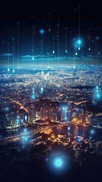 Un visuel imaginatif de la ville numérique intelligente avec un graphique abstrait de la mondialisation montrant le réseau de connexion. © Merilno