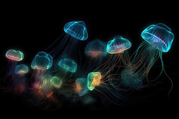 Glowing marine jellyfish on dark background. Generative AI