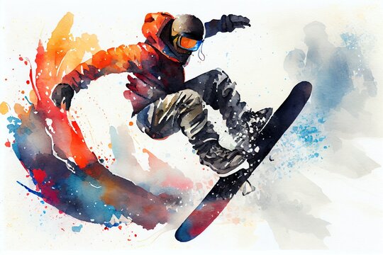 Watercolor Illustration of a Winter Extreme Athlete Sports Snowboarder Jump On Mountain. Generative AI