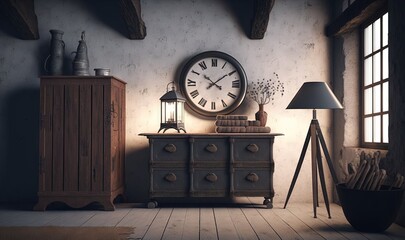  a room with a large clock on the wall next to a dresser and a lamp on a table with a lamp on top of it.  generative ai