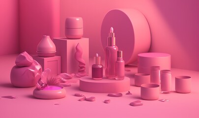  a pink room with a lot of different items on the floor and a pink wall in the background with a light coming through the window.  generative ai