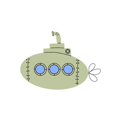 Submarine. Underwater transport. Sea life design. Vector illustration in scandinavian style.