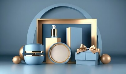  a blue and gold display with a bottle of lotion and a gift box with a gold bow on the top and a blue box with a gold bow on the bottom.  generative ai