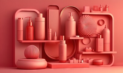  a pink shelf filled with lots of different types of beauty products on top of a pink wall next to a shelf with a mirror and soap dispenser.  generative ai